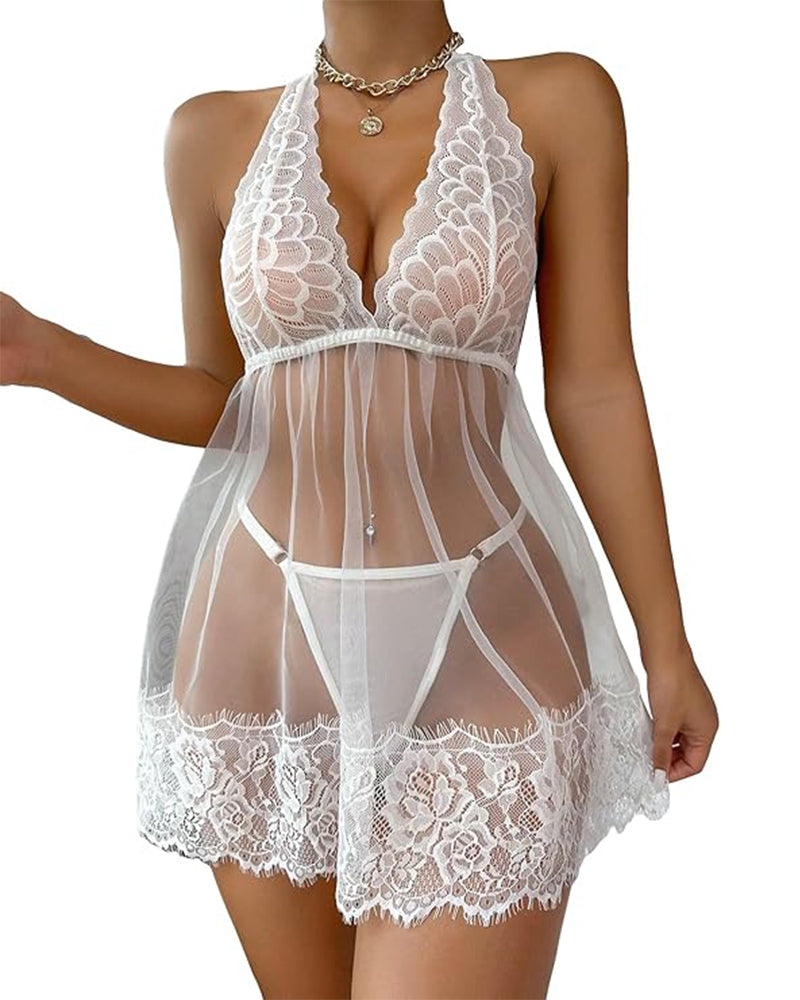 Elara™ | Nuisette à Col Halter en Dentelle avec String