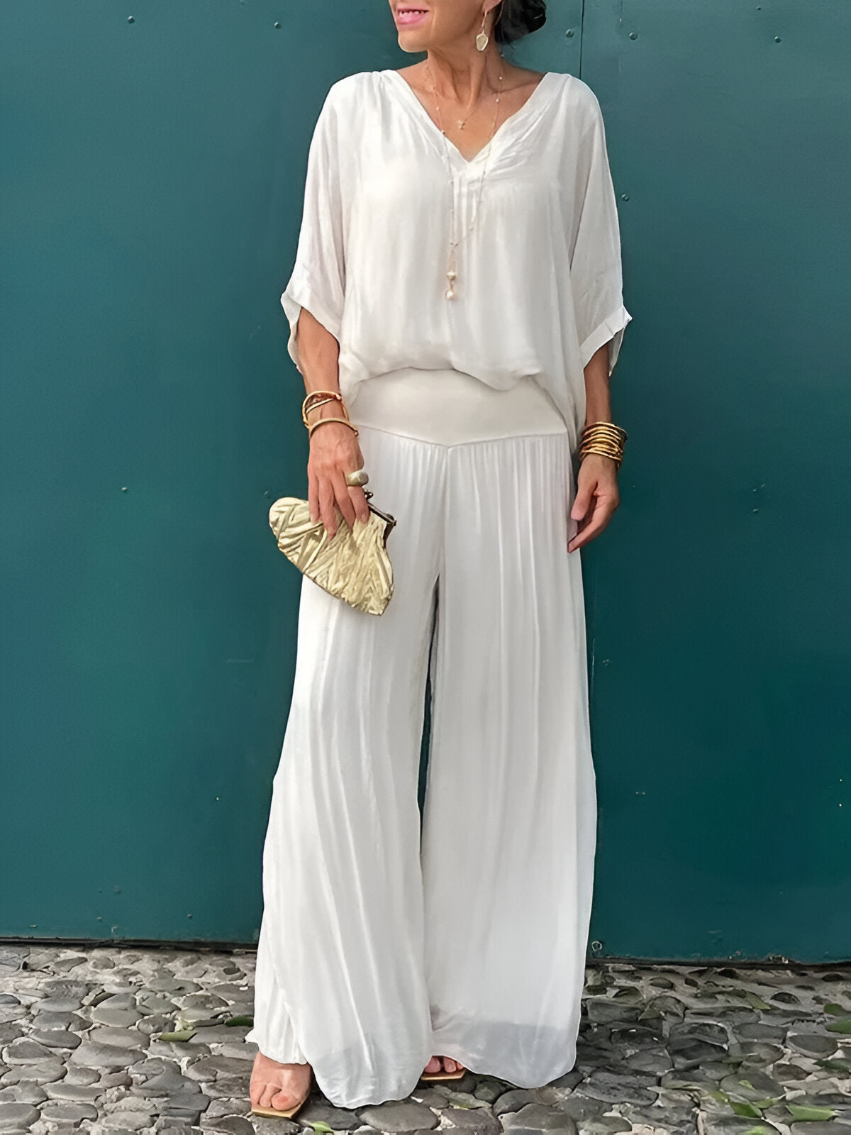 Saphiraelle™ | Ensemble élégant top col en V et pantalon