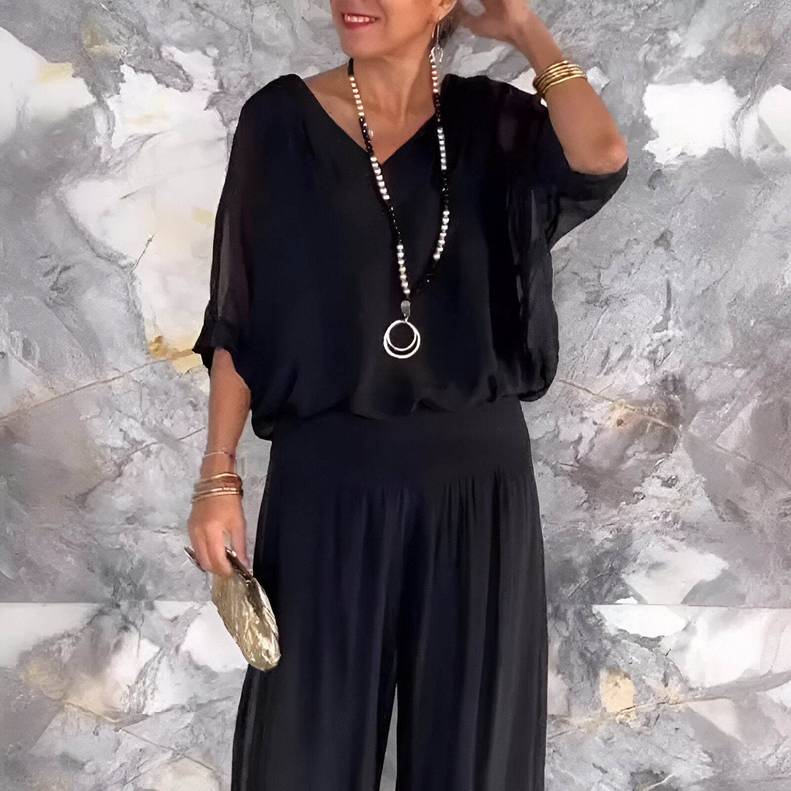 Saphiraelle™ | Ensemble élégant top col en V et pantalon