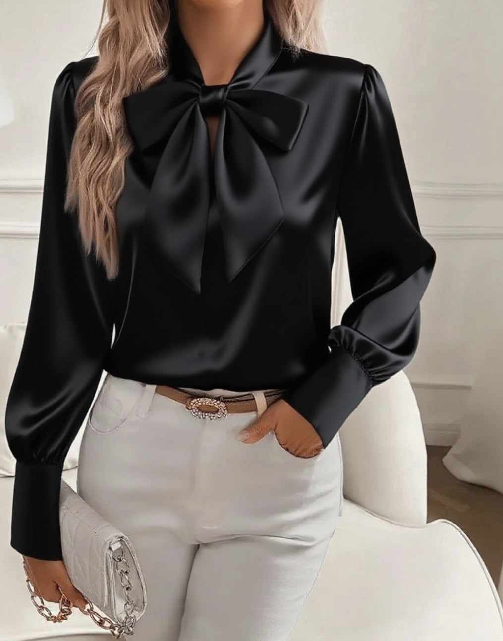 Marivelle™ | Blouse Satinée avec Détail Nœud de Luxe