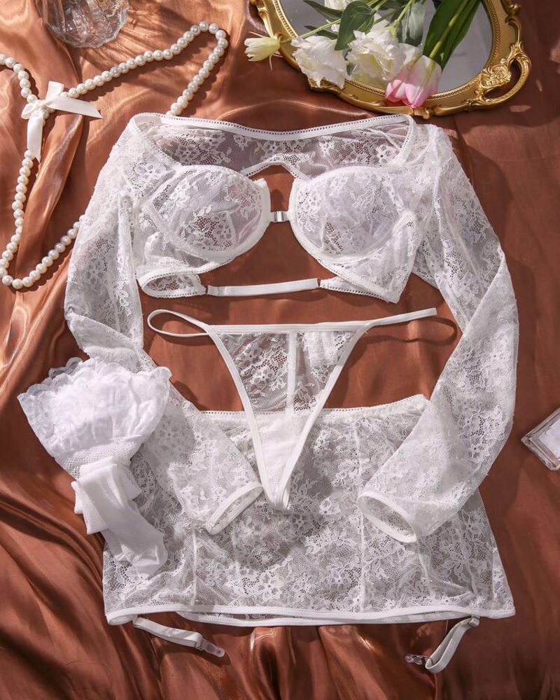 Sienna™ | Ensemble Lingerie en Dentelle 4 Pièces avec Babydoll à Manches Longues