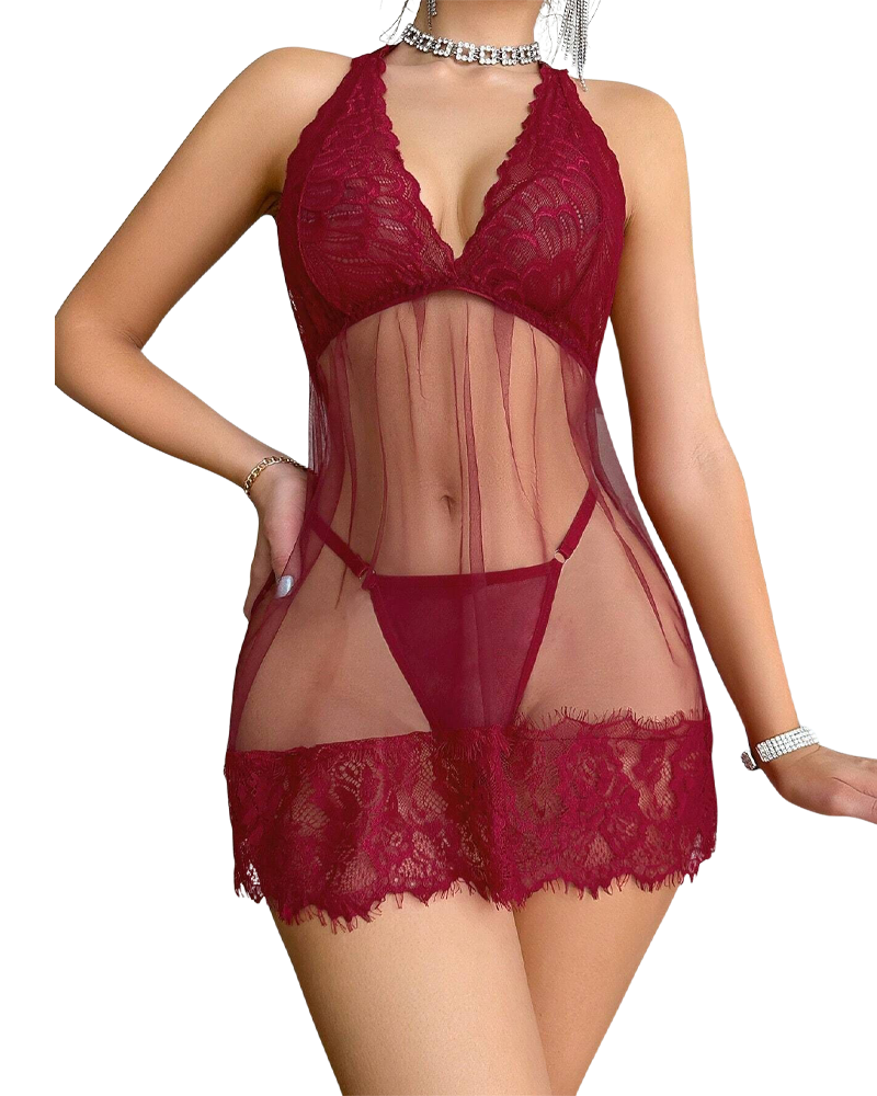 Elara™ | Nuisette à Col Halter en Dentelle avec String