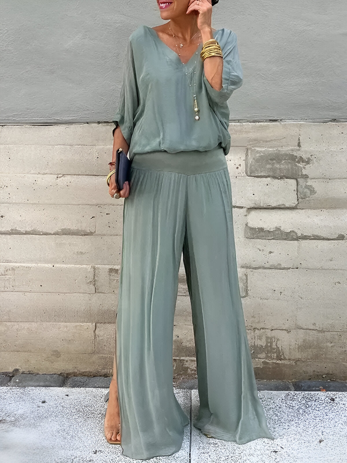 Saphiraelle™ | Ensemble élégant top col en V et pantalon
