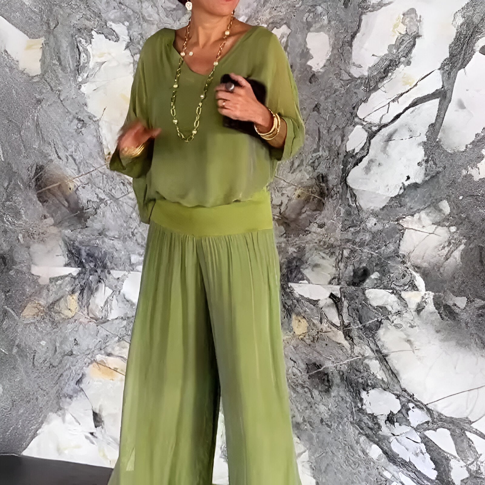 Saphiraelle™ | Ensemble élégant top col en V et pantalon