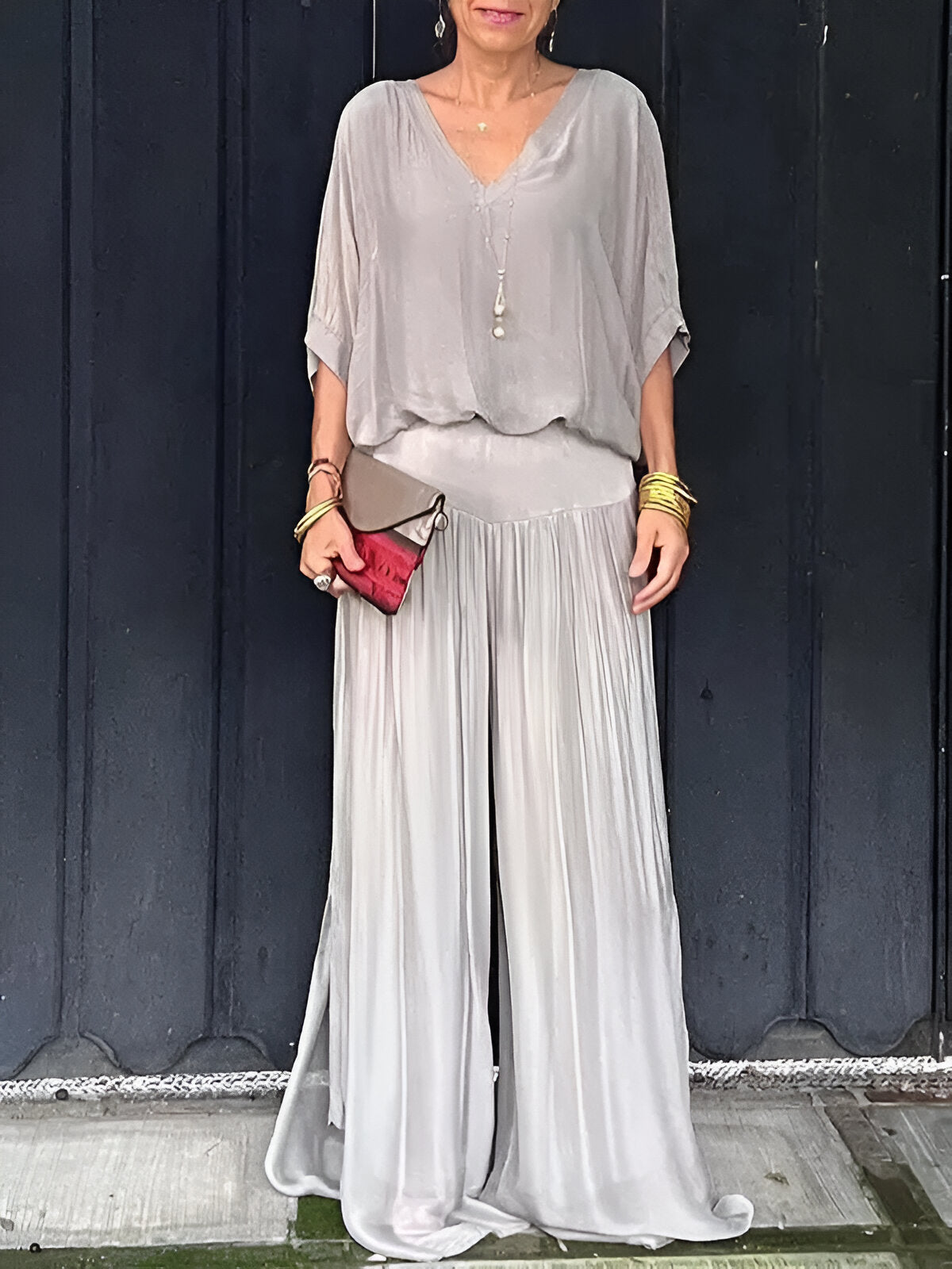 Saphiraelle™ | Ensemble élégant top col en V et pantalon